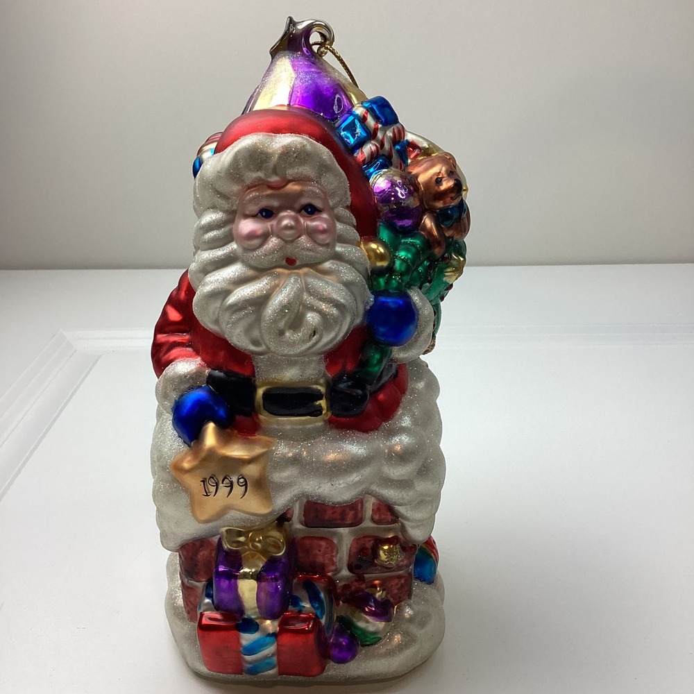 Vintage 1999 BK Glass Santa on Chimney Christmas Ornament Large 9 Inch Figurine
